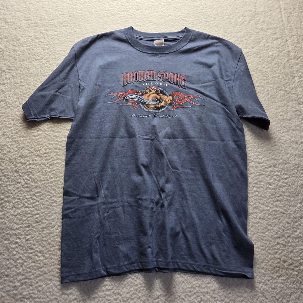 Vintage Anvil Broken Spoke Saloon Shirt‎ Mens Large Blue Motorcycle Graphic Tee